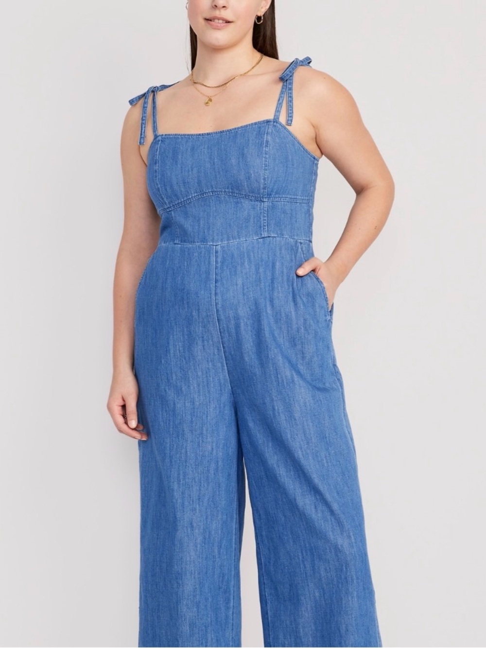 Old Navy Corset Denim Tie-Shoulder Wide-Leg Jumpsuit - Blue